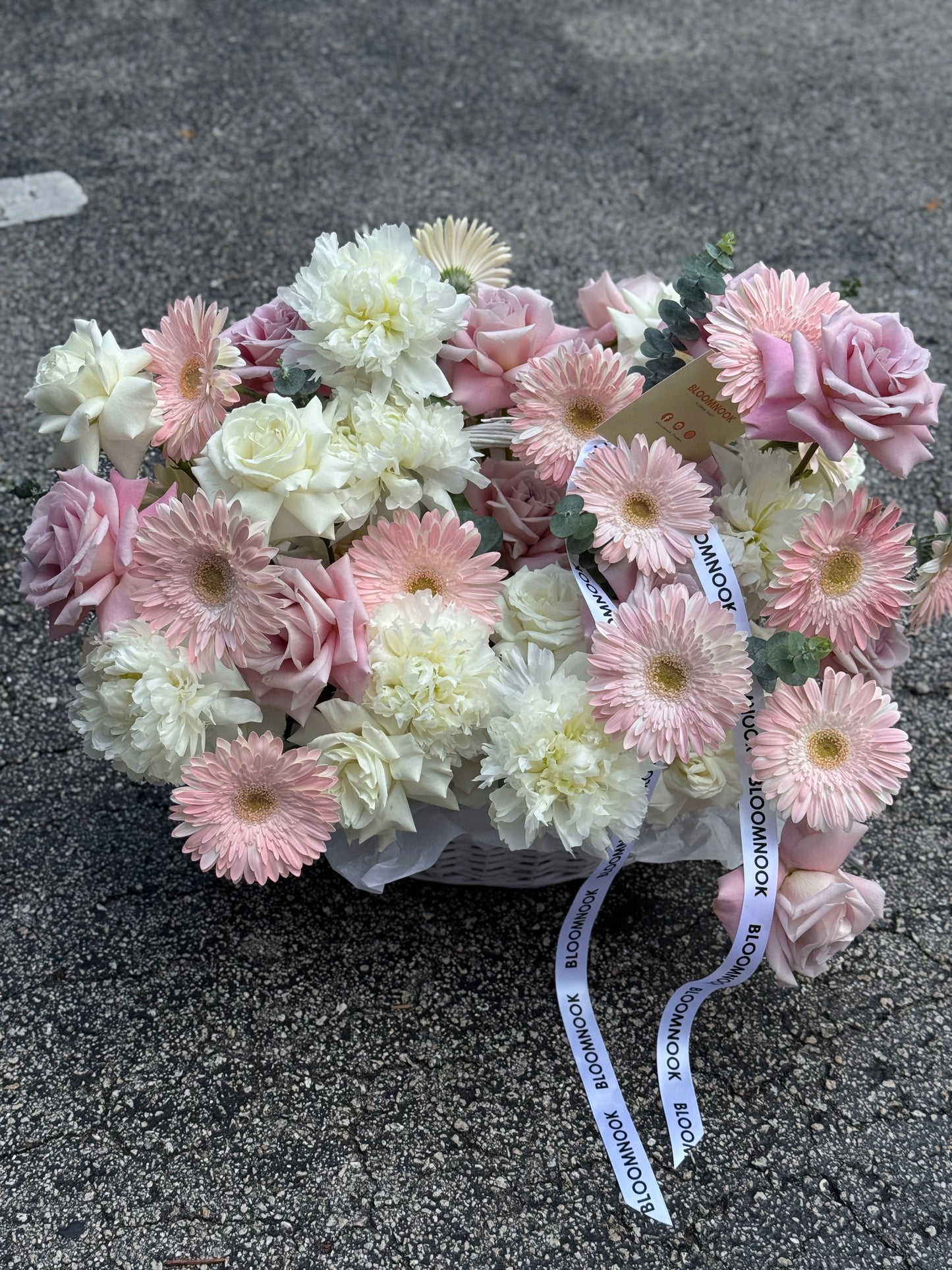 Flower basket «Pink lady» herbera, roses, peony