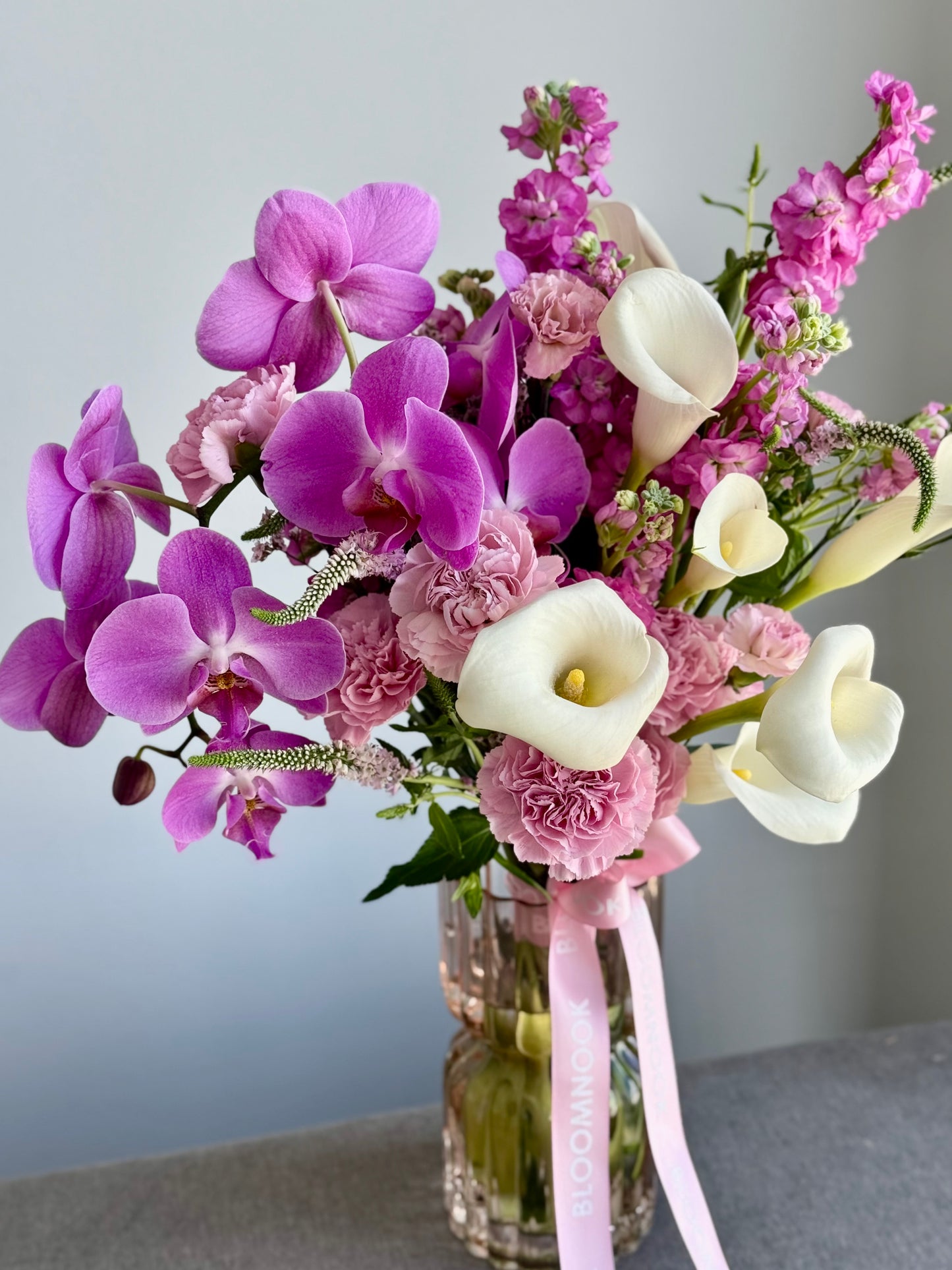«Garden vase» carnations, nerine, calla lily, anthurium