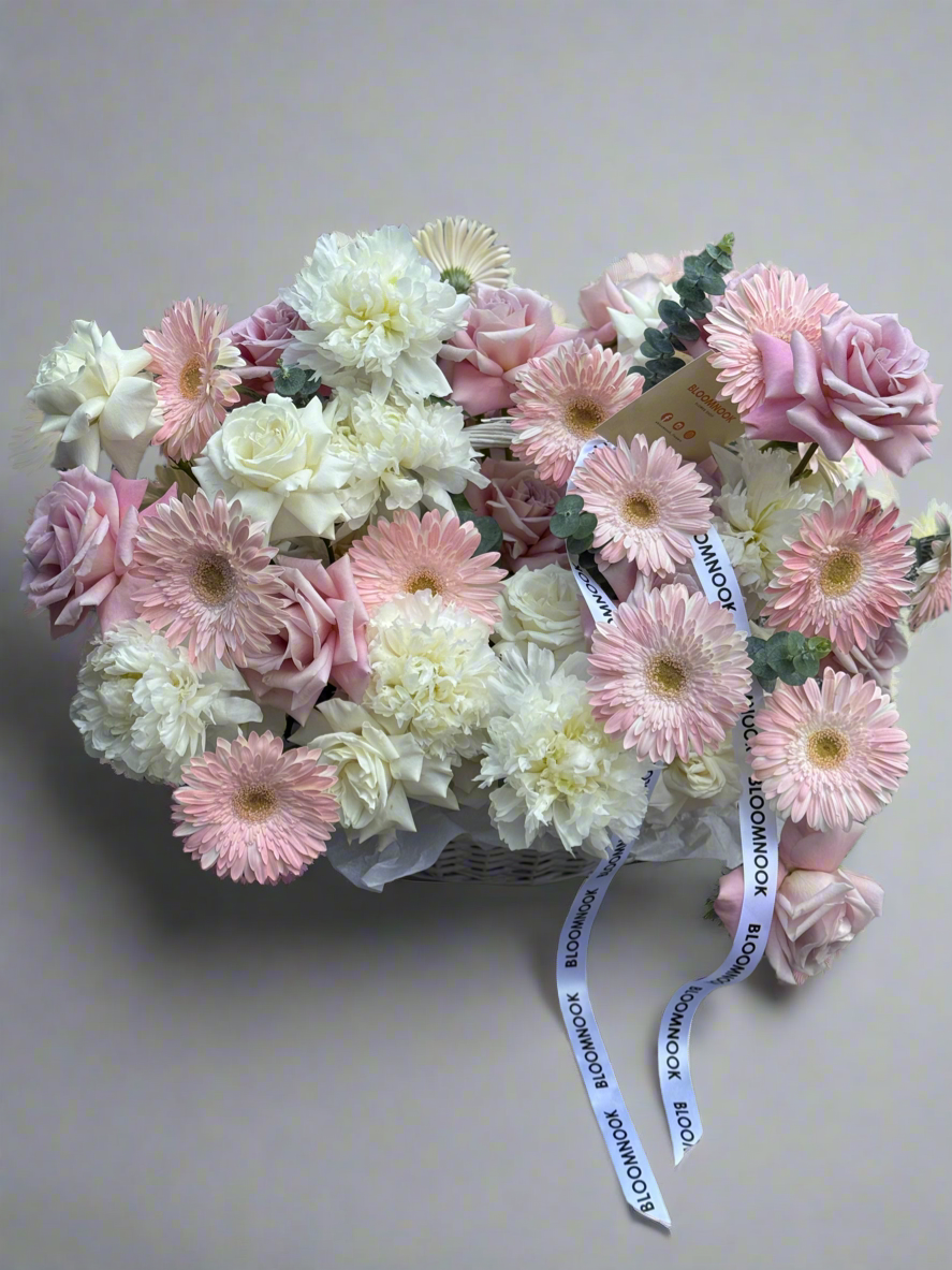 Flower basket «Pink lady» herbera, roses, peony
