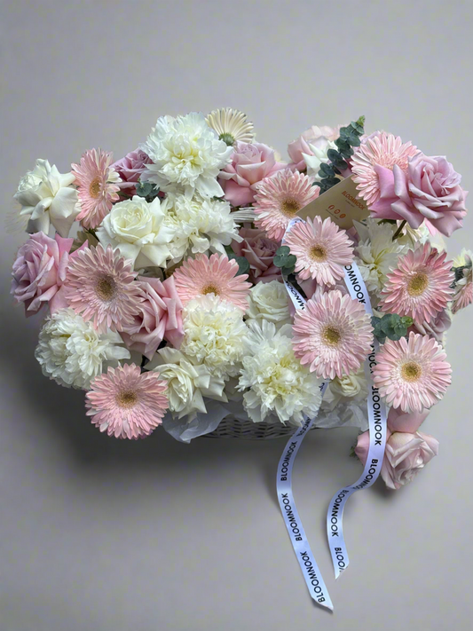 Flower basket «Pink lady» herbera, roses, peony