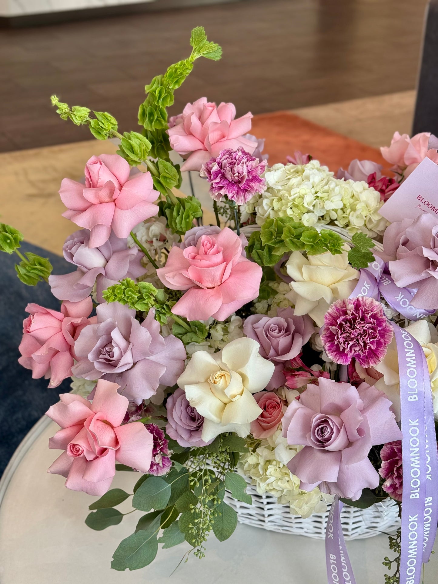 «Purple love» French roses, hydrangeas, bells, carnations, eucalyptus