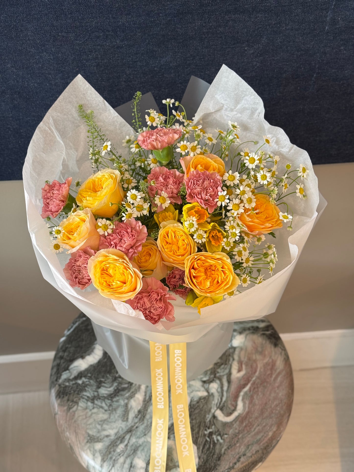 «Golden Meadow» garden roses, chamomile, carnation