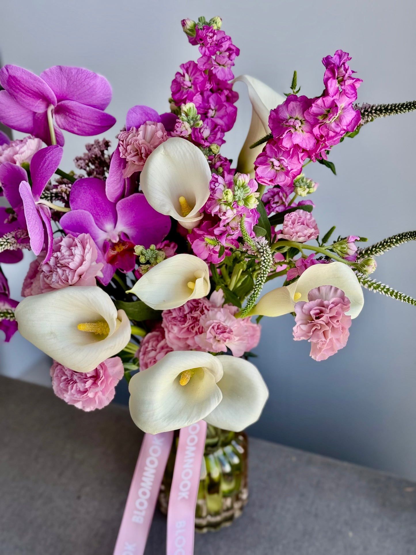 «Garden vase» carnations, nerine, calla lily, anthurium