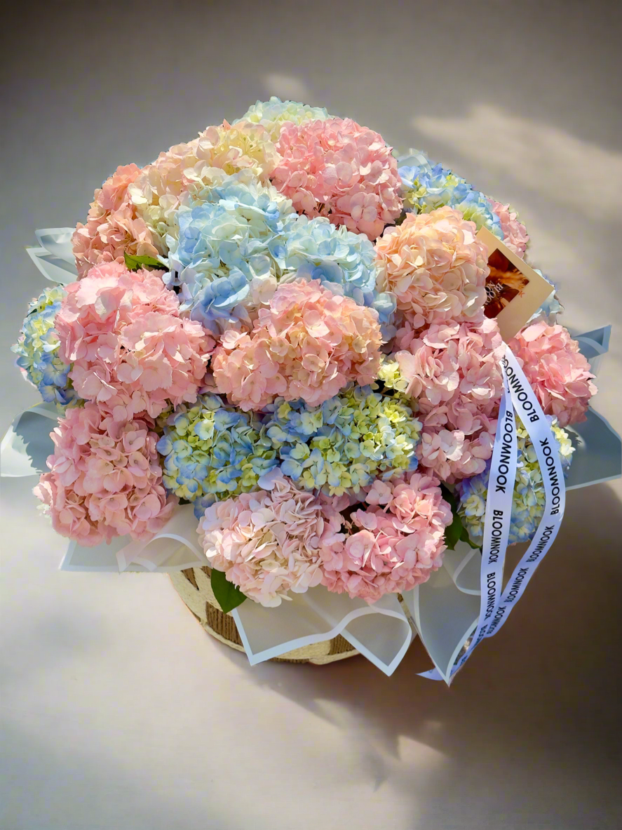 Fluffy basket with hydrangeas