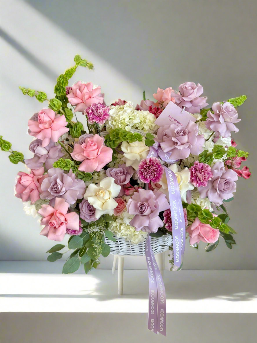 «Purple love» French roses, hydrangeas, bells, carnations, eucalyptus