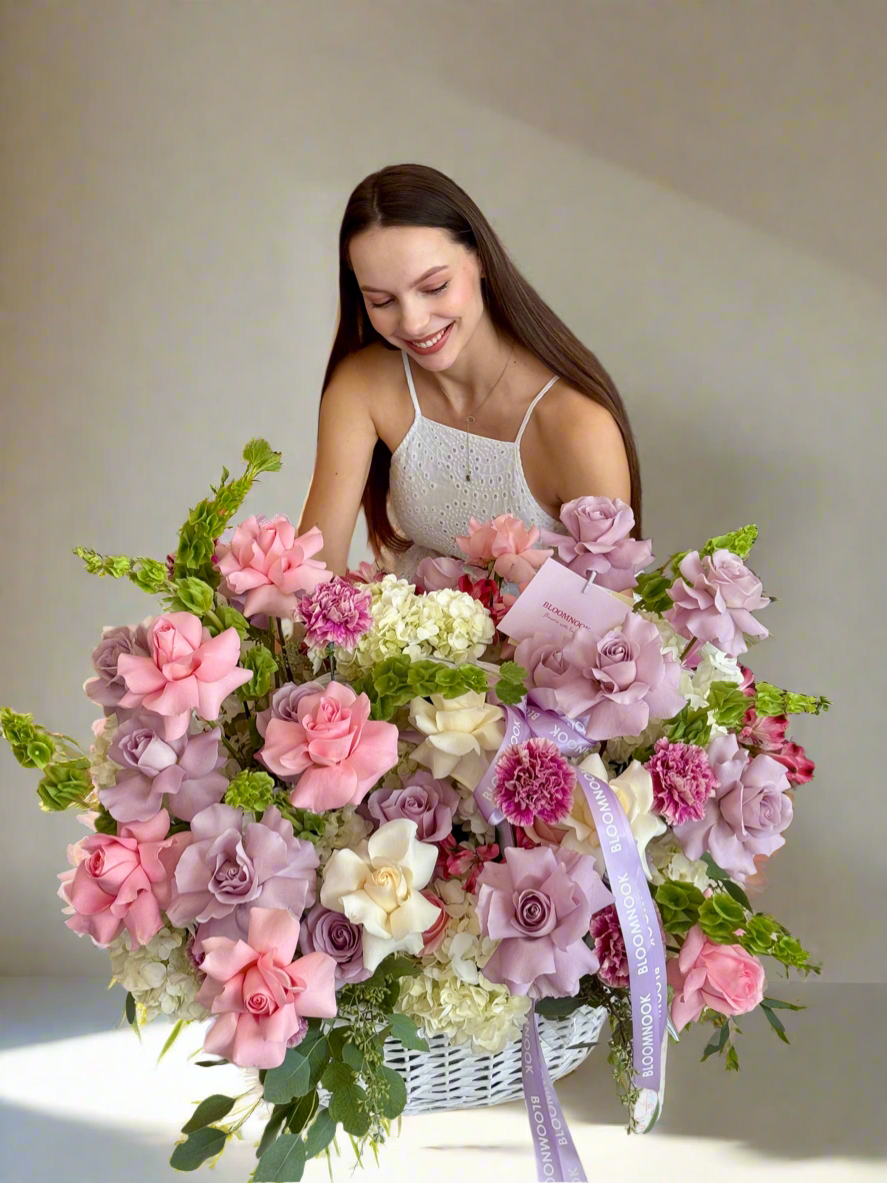 «Purple love» French roses, hydrangeas, bells, carnations, eucalyptus