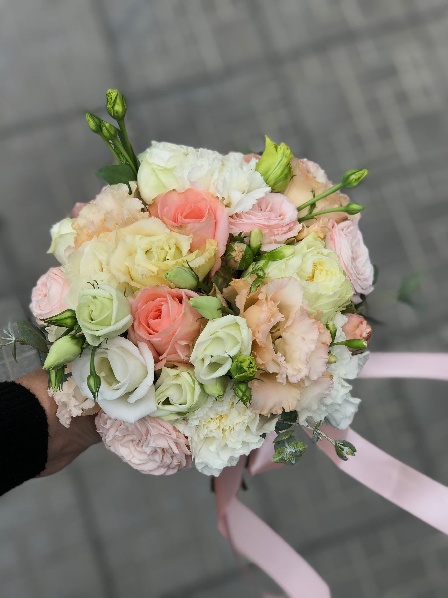 «Floral Symphony» wedding bouquet, liziantus, roses, carnations, eucalyptus