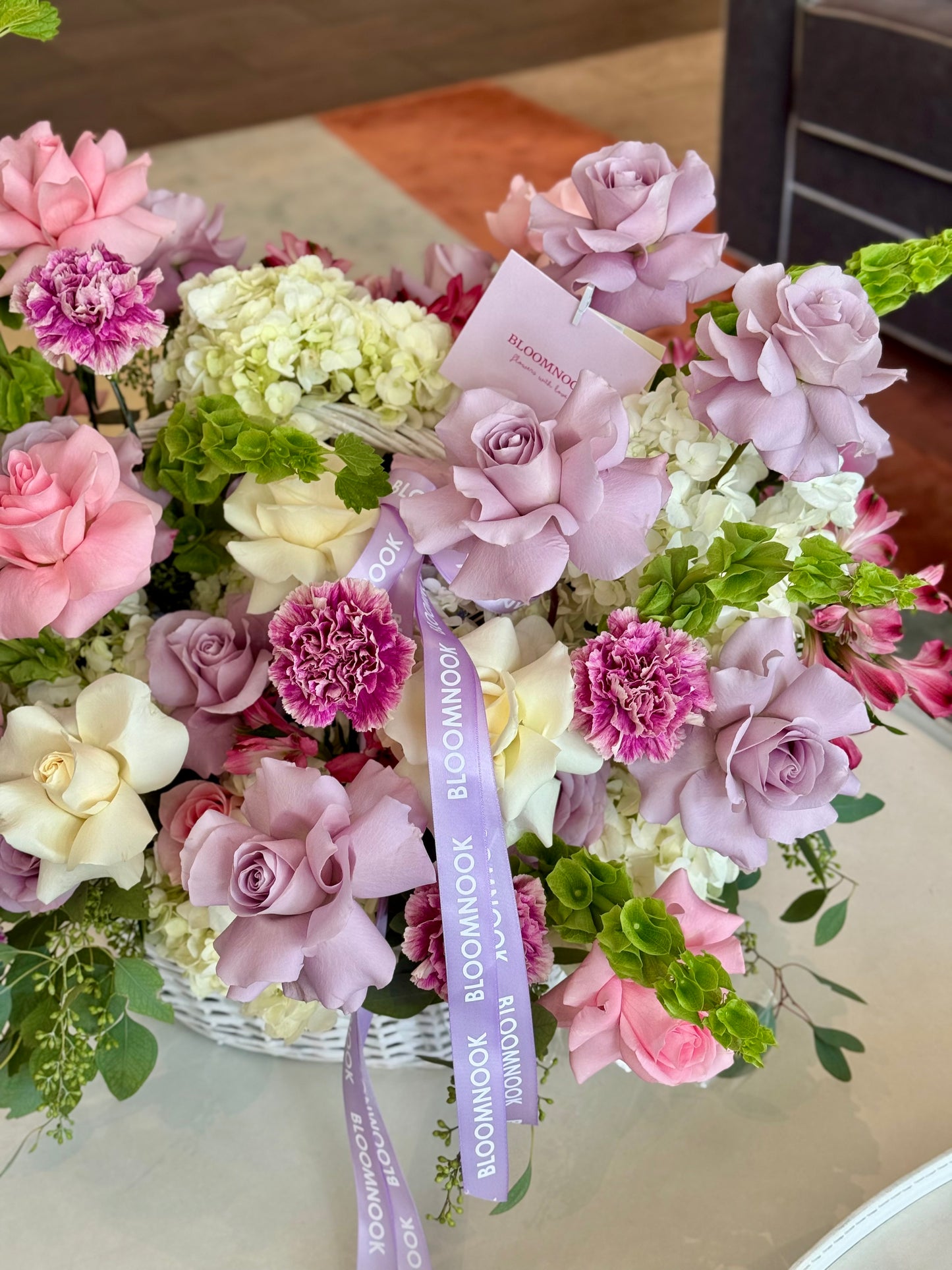 «Purple love» French roses, hydrangeas, bells, carnations, eucalyptus