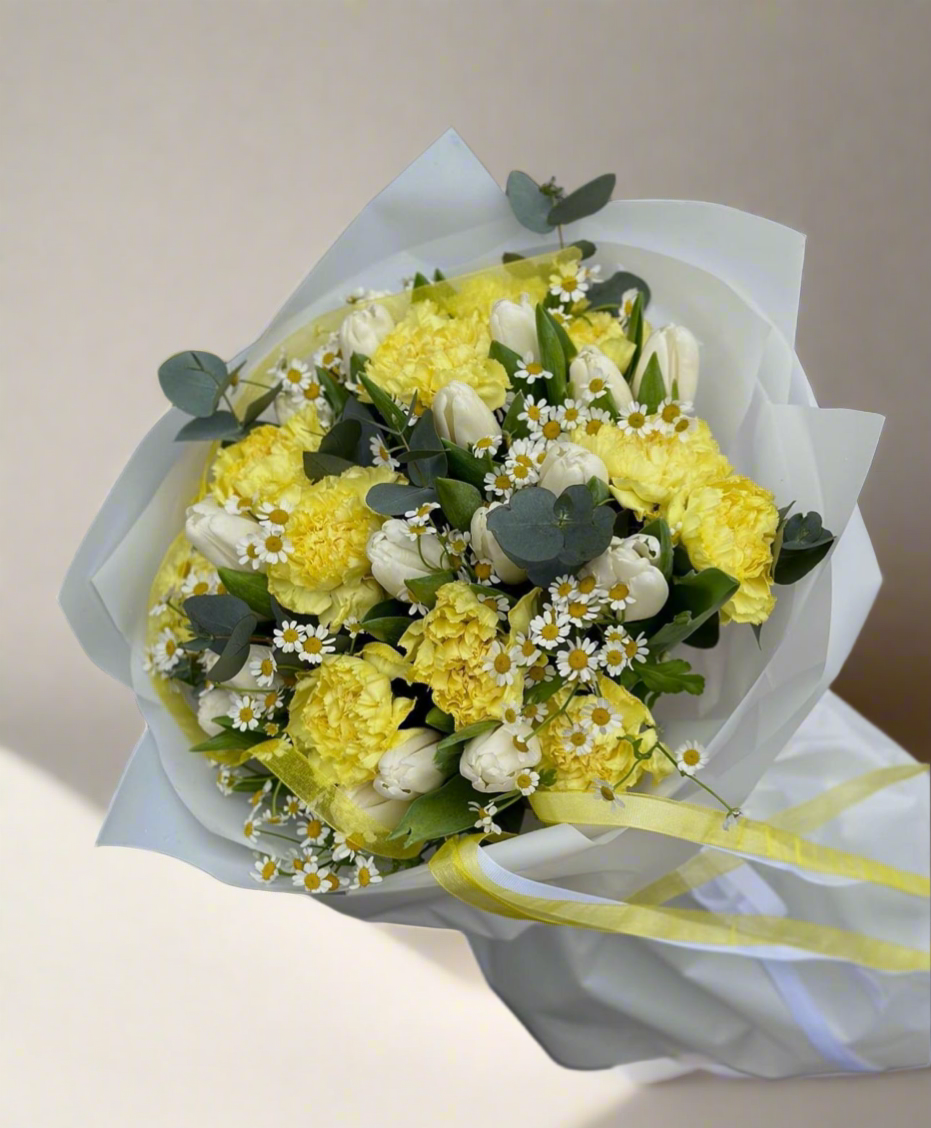 «Sunshine» bouquet tulips, carnations, chamomile, eucalyptus