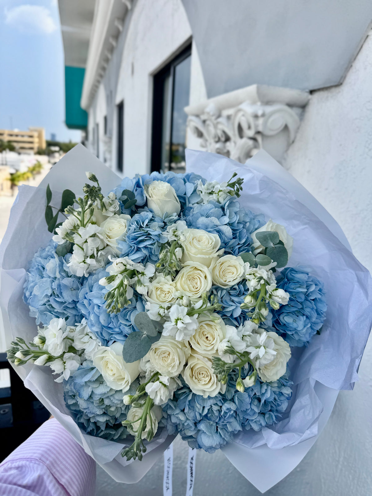 “Gentle Provence” hydrangeas, white roses, eucalyptus, freesia/stock