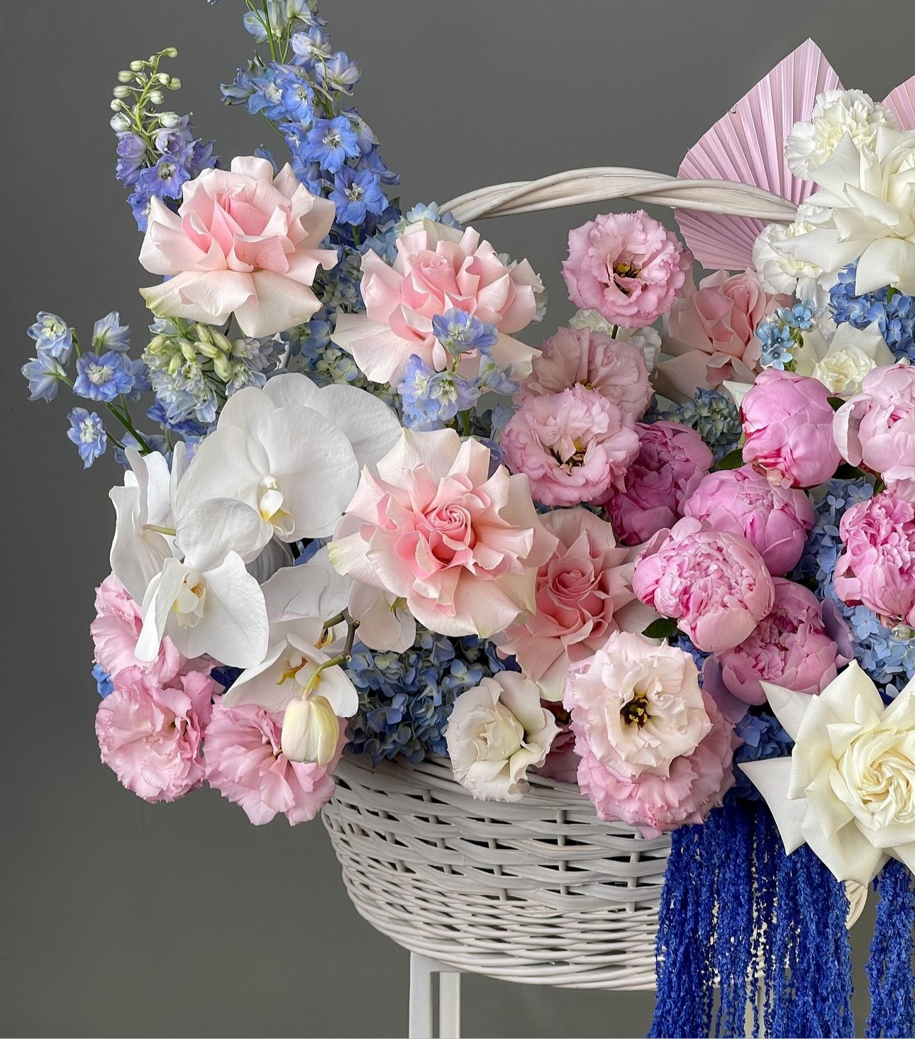 «Spring mood» basket, roses, peony, delphinium, orchid