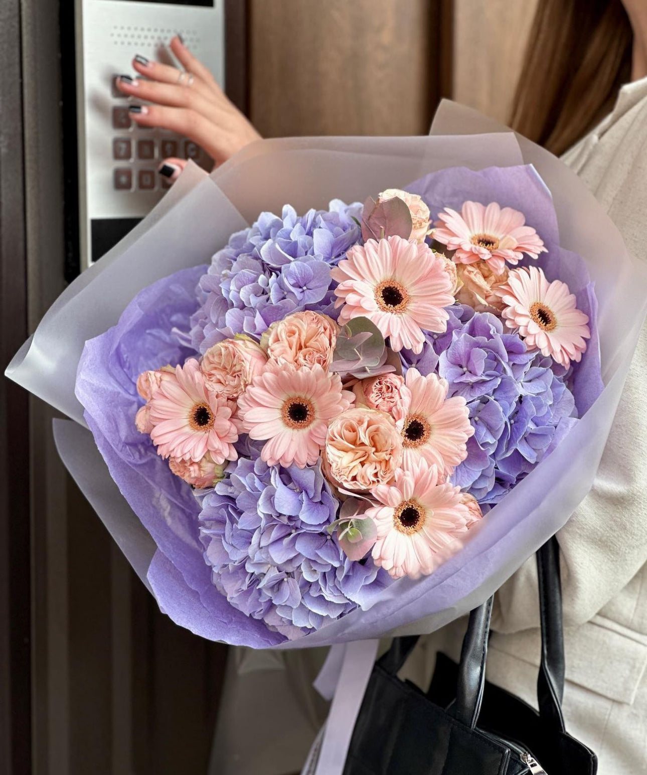 «Purple paradise» hydrangeas, herbera, peony roses and eucalyptus