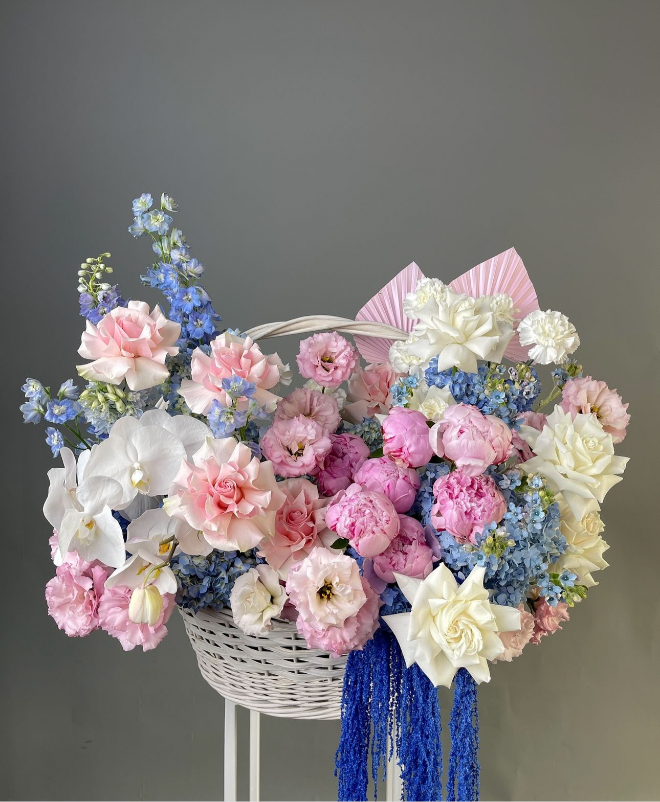 «Spring mood» basket, roses, peony, delphinium, orchid