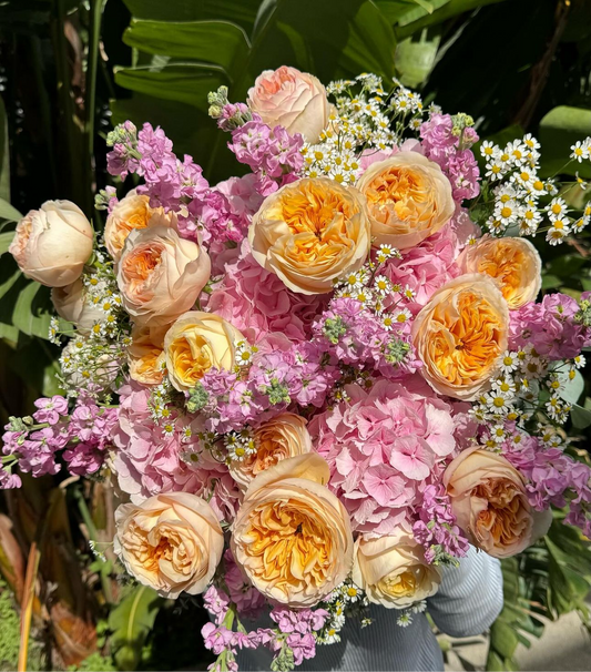 «Paradise» garden roses, hydrangeas, chamomile, stock