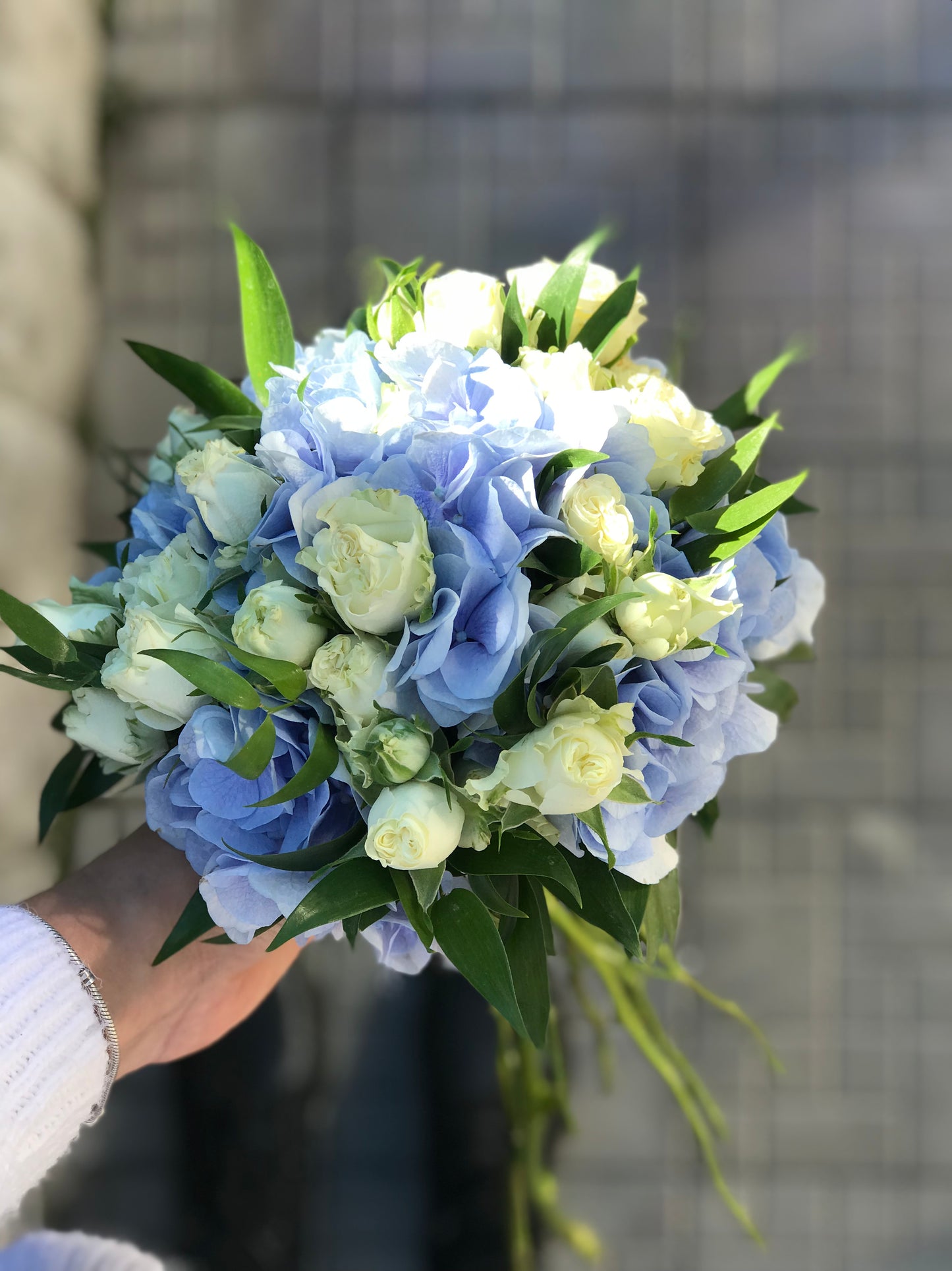 «Blue lagoon» wedding bouquet hydrangeas, liziantus, eucalyptus