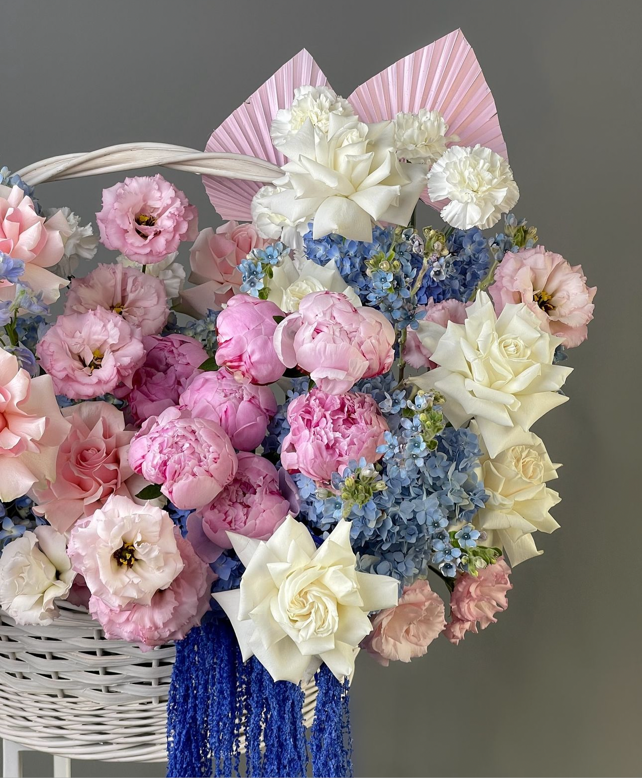 «Spring mood» basket, roses, peony, delphinium, orchid