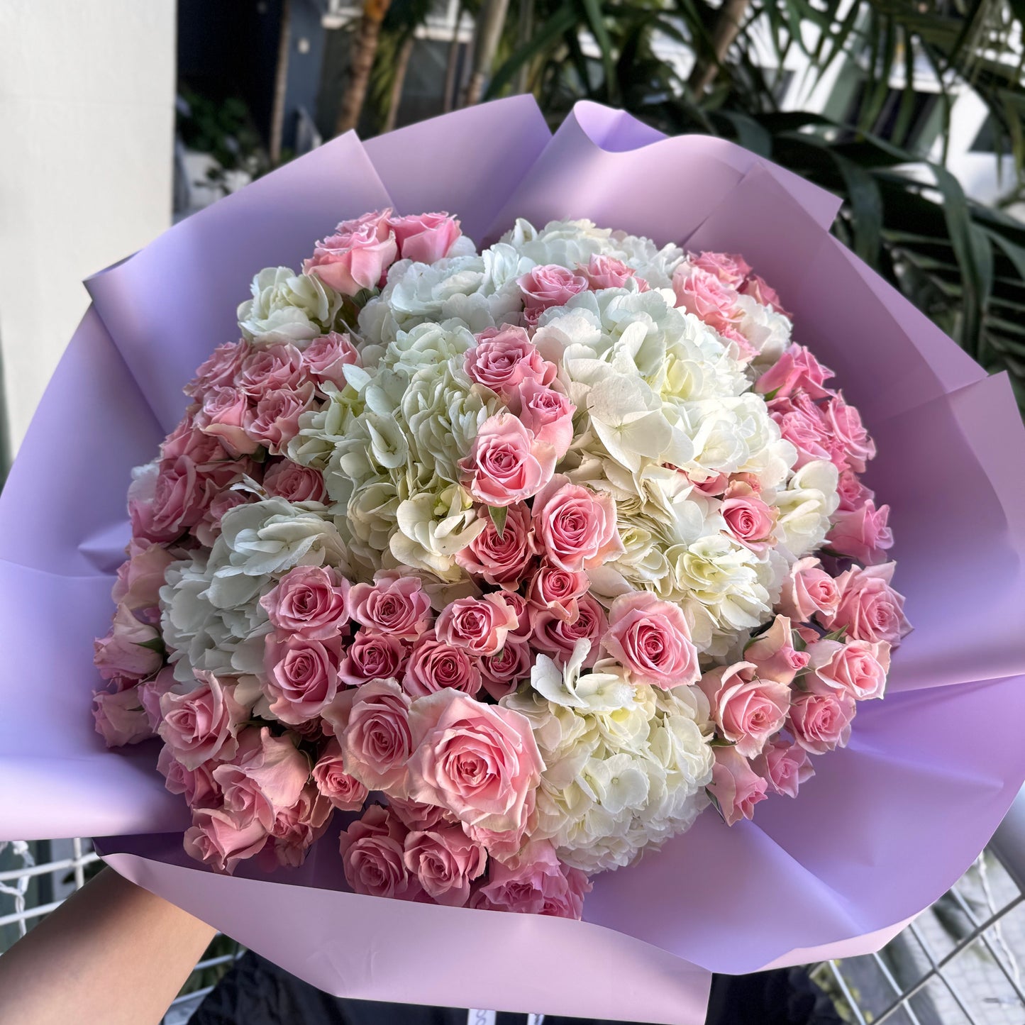 «Cutie pink» spray roses, hydrangeas