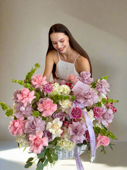 «Purple love» French roses, hydrangeas, bells, carnations, eucalyptus