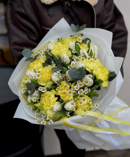 «Sunshine» bouquet tulips, carnations, chamomile, eucalyptus