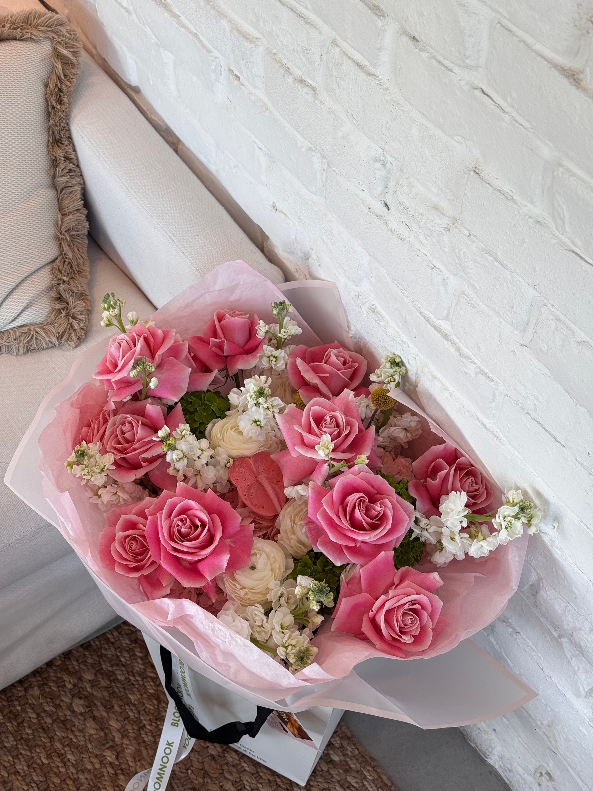 anthurium in french «Lovely day» hydrangea, French roses, ranunculus, stock, anthurium