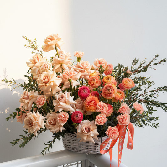 «Peach Whisper» ranunculus, French roses, eucalyptus, carnations