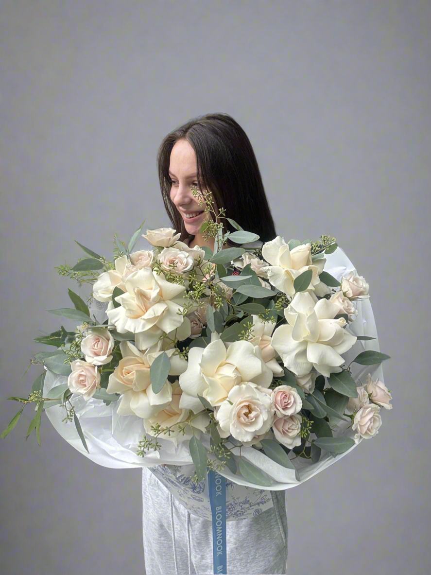 «Cream ceremony» white French roses, eucalyptus, spray roses