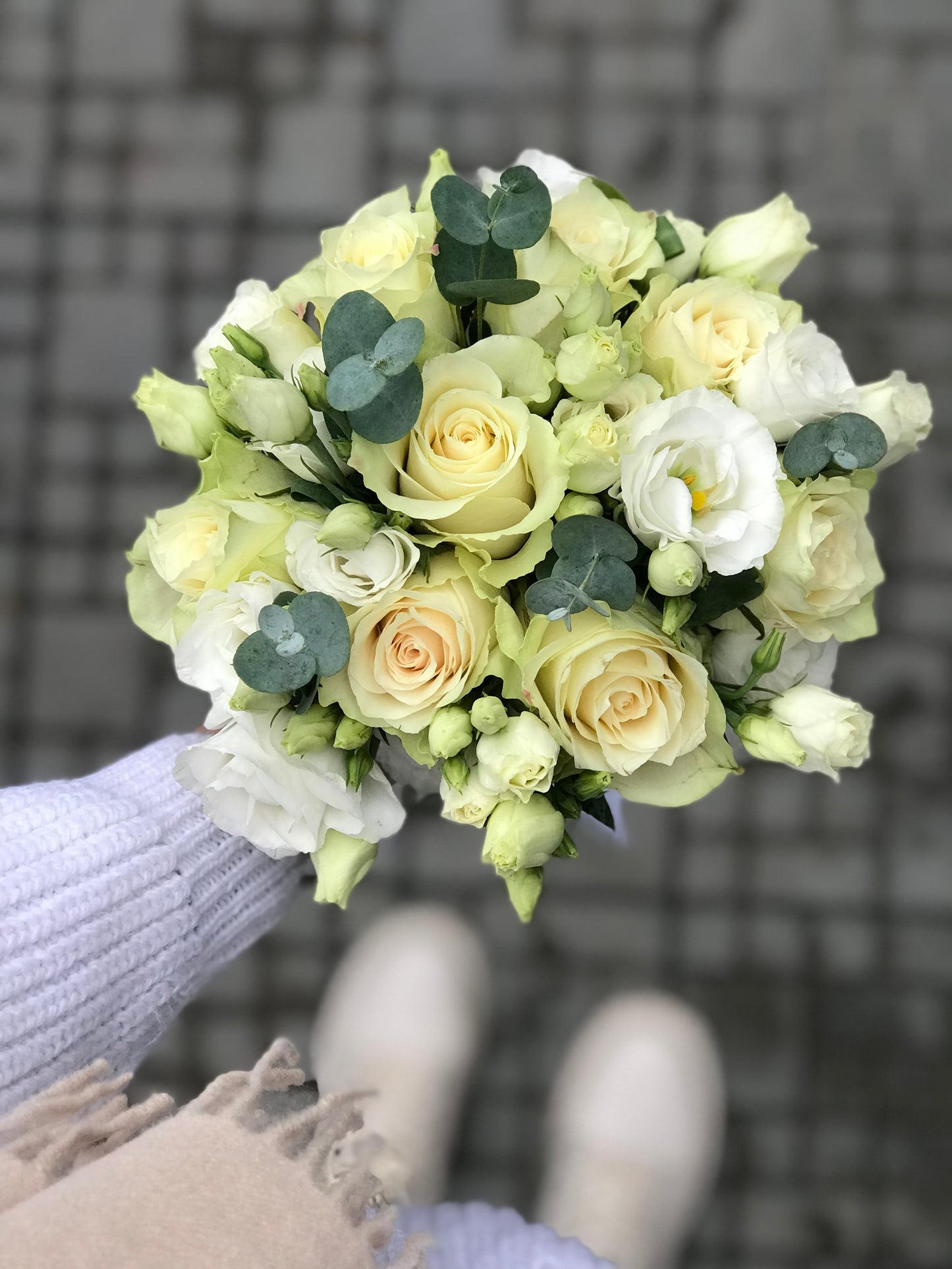 «Tenderness» wedding bouquet roses, liziantus, eucalyptus