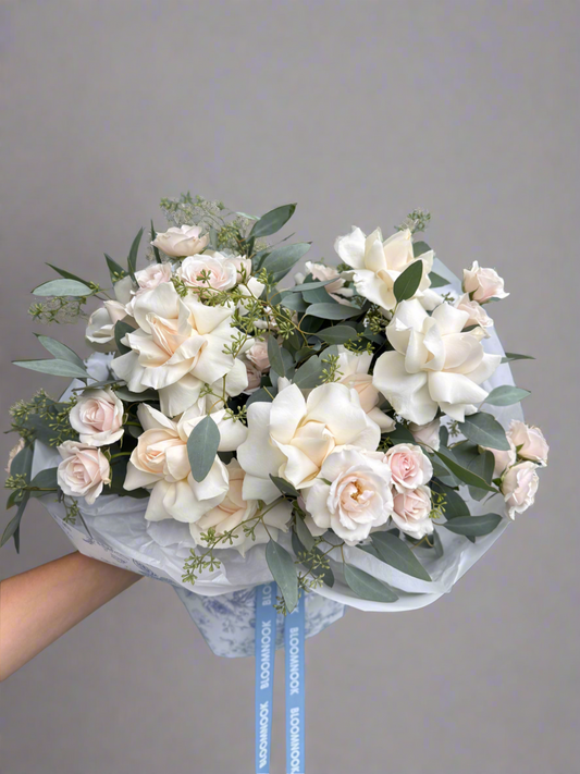 «Cream ceremony» white French roses, eucalyptus, spray roses