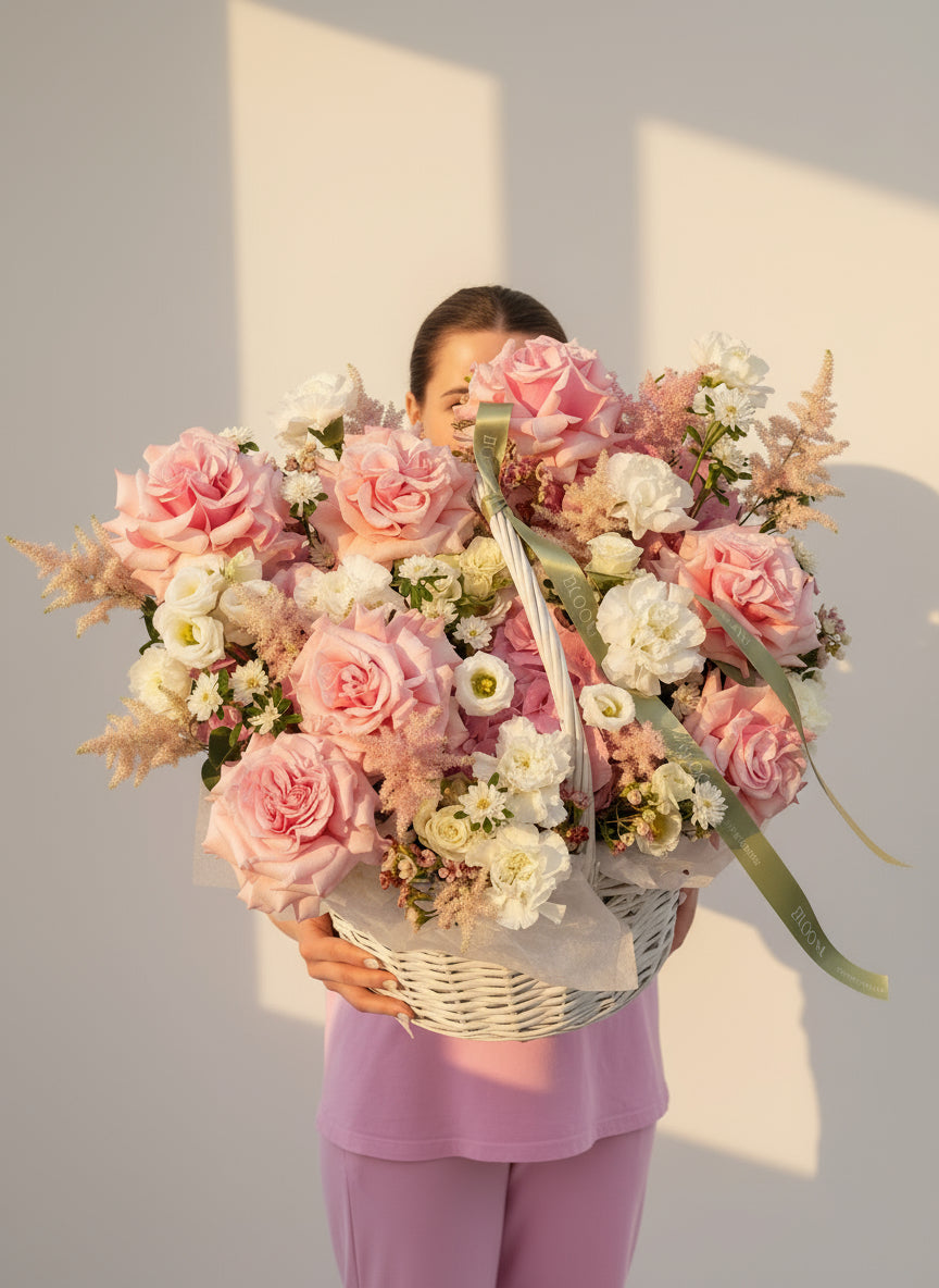 «Blossom pink» French roses, carnations, lizianthus, astilbe, hydrangeas, wax flowers