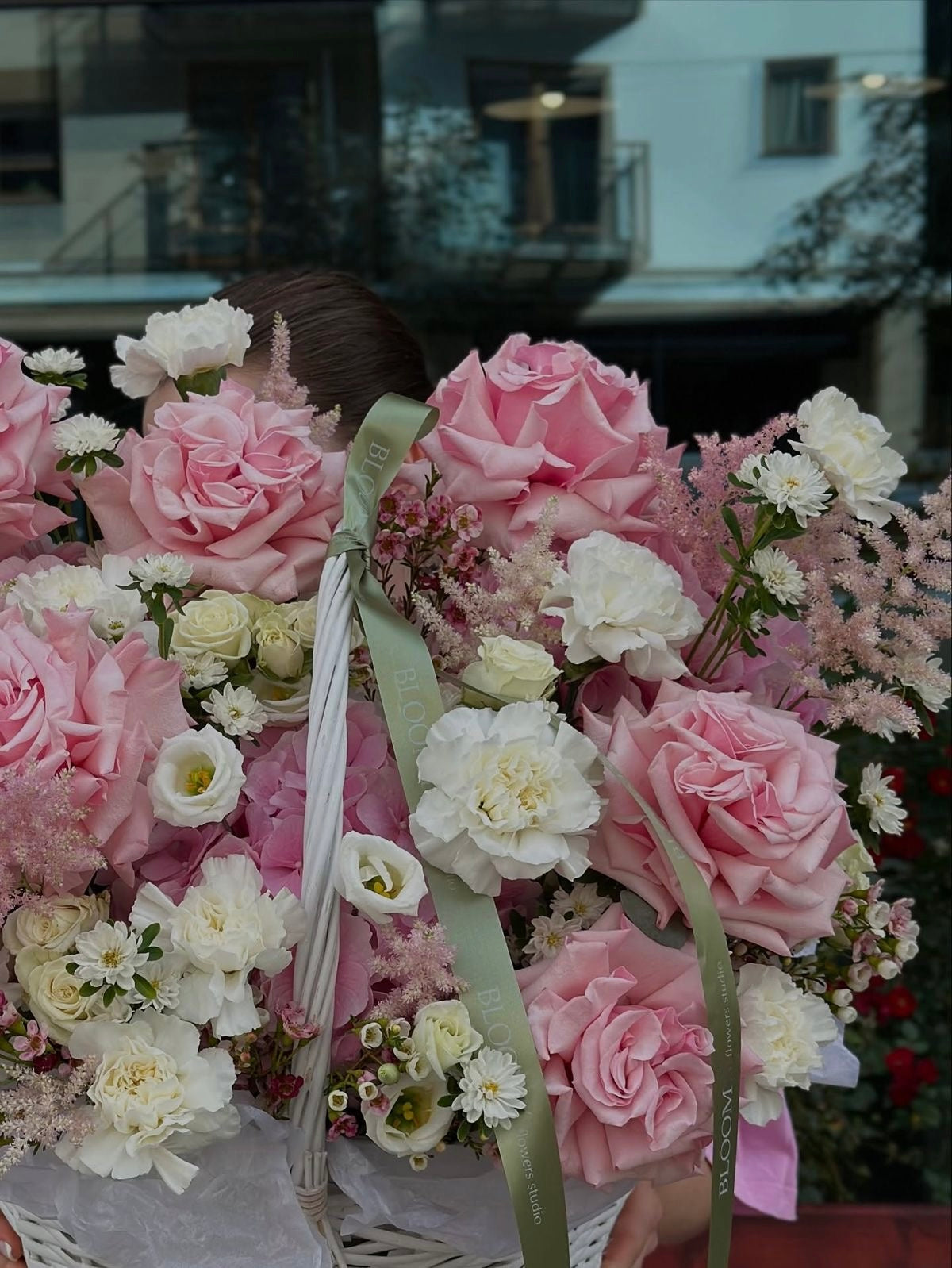 «Blossom pink» French roses, carnations, lizianthus, astilbe, hydrangeas, wax flowers
