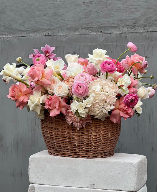 Pink mood» basket, ranunculus, hydrangeas, roses