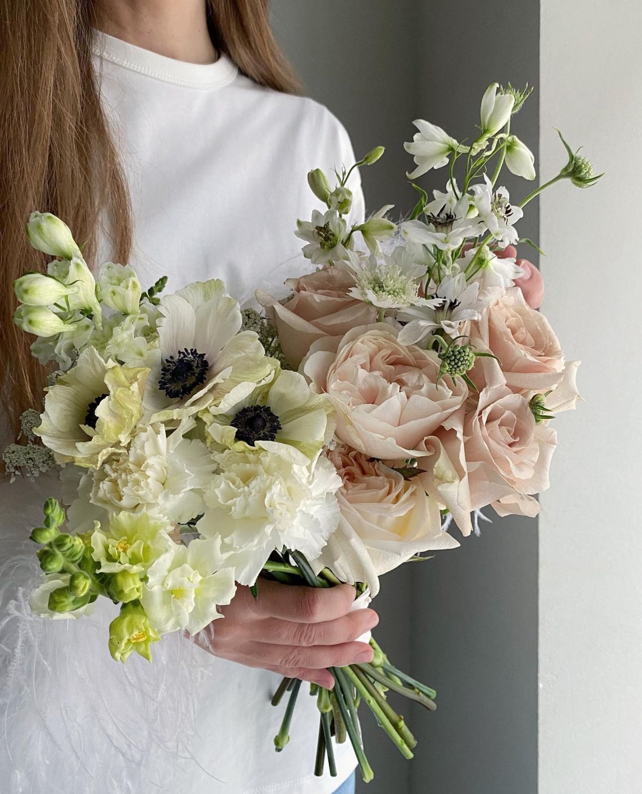 Wedding bouquet «Cozy garden» roses, anemones, delphinium, carnations