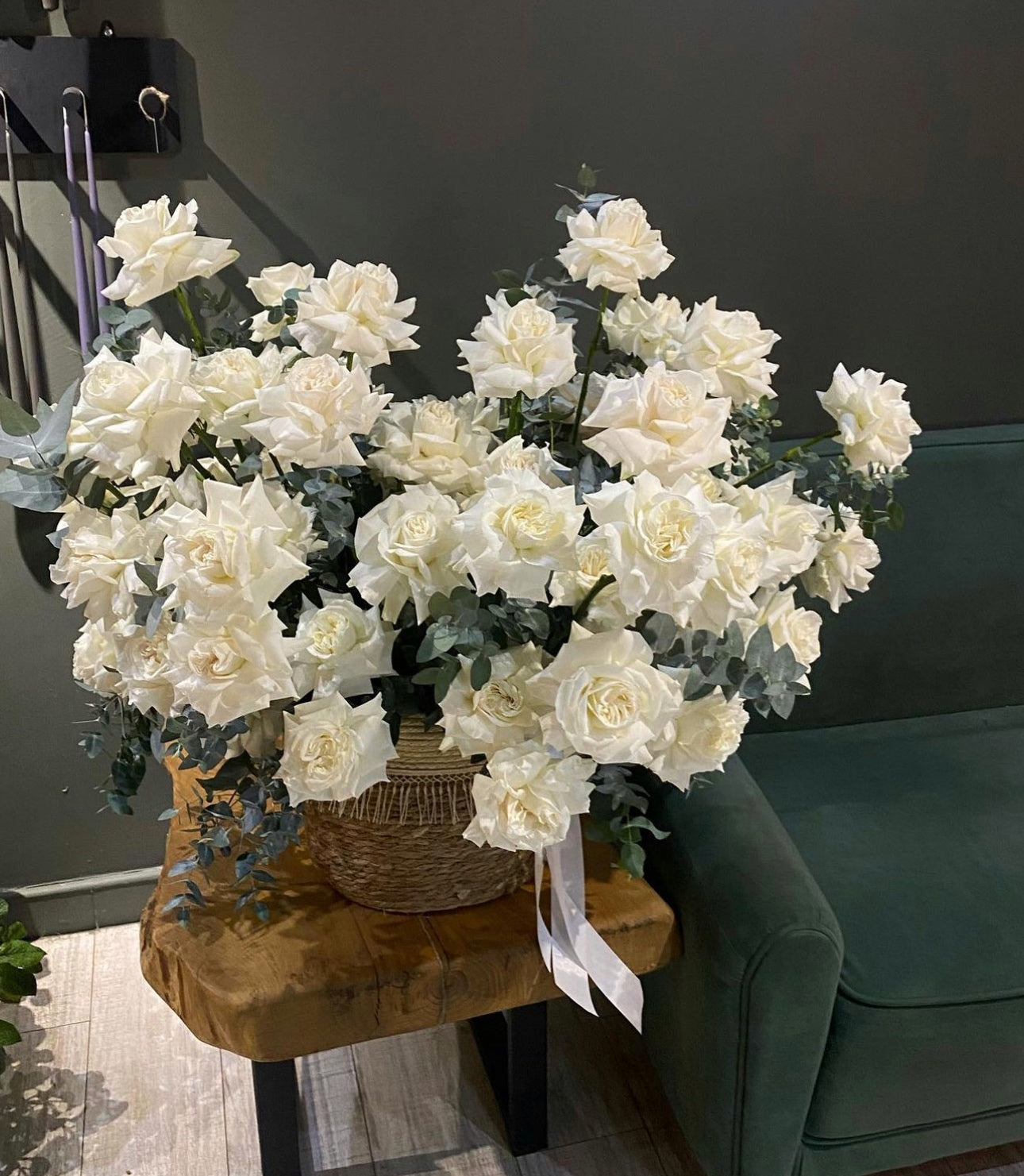 «White symphony» basket, white roses, eucalyptus