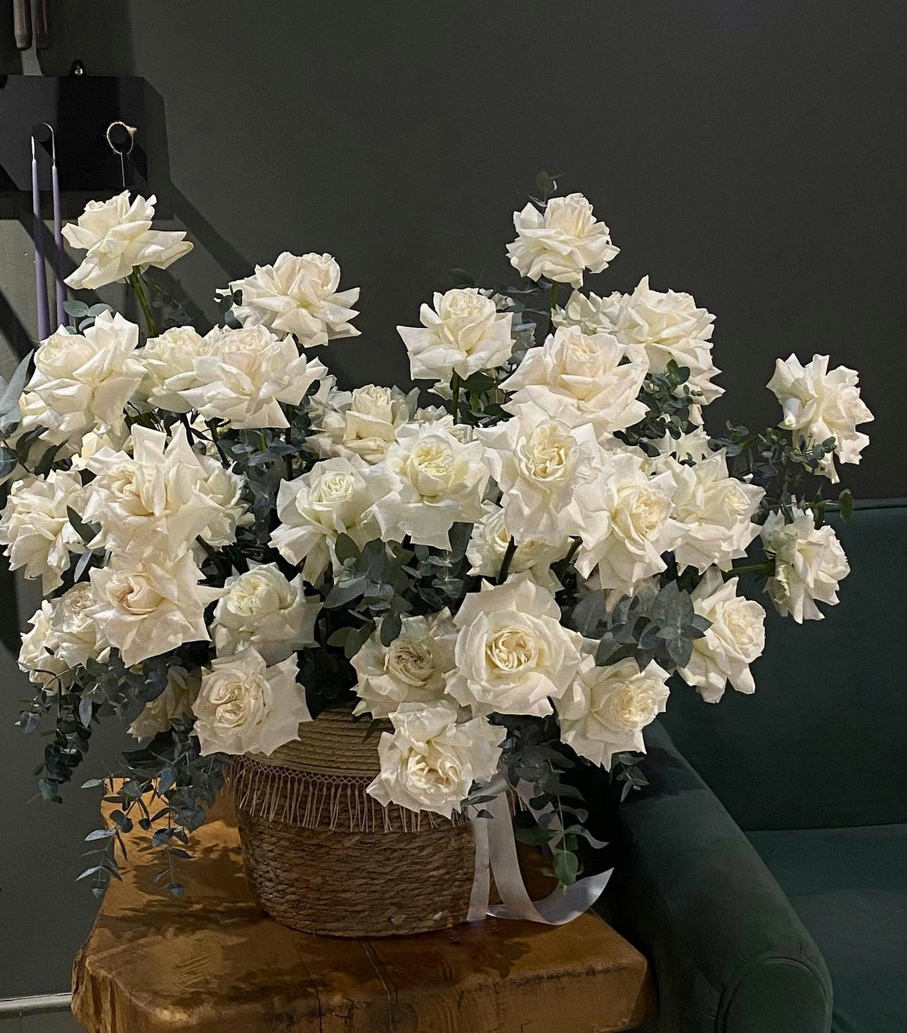 «White symphony» basket, white roses, eucalyptus